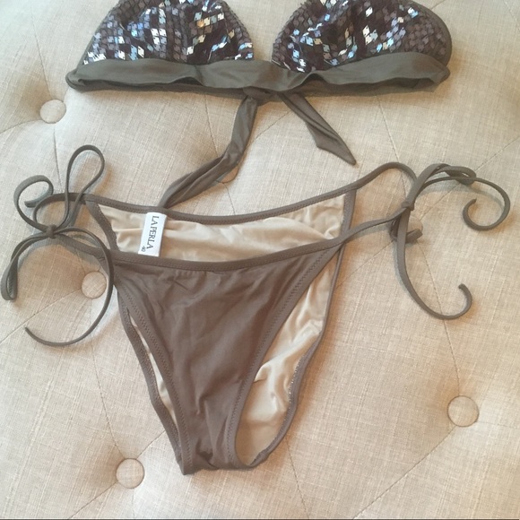 La Perla Mosaico Sequins Light Brown Triangle Bikini Top & Bottom Sz 4 US $545 - Picture 5 of 16